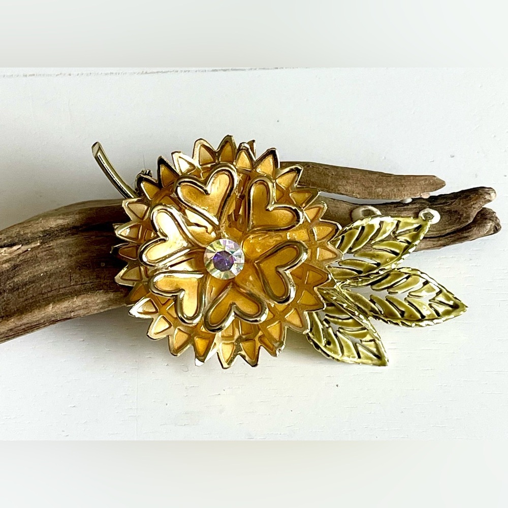 Vintage Coro Floral Brooch Gold Tone Yellow Sunflower Aurora Borealis Rhinestone